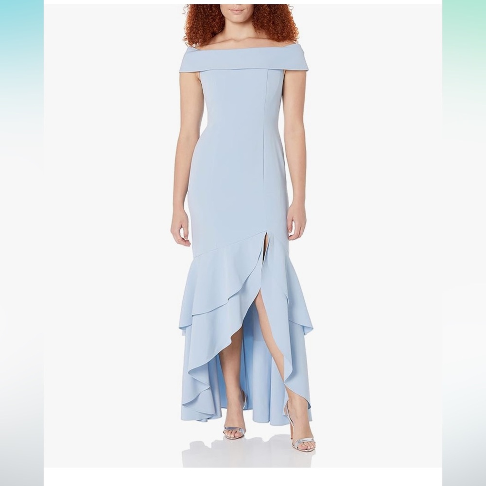 Adrianna Papell Women's Crepe Ruffle Gown elegant sky blue dress size 12 NWT
